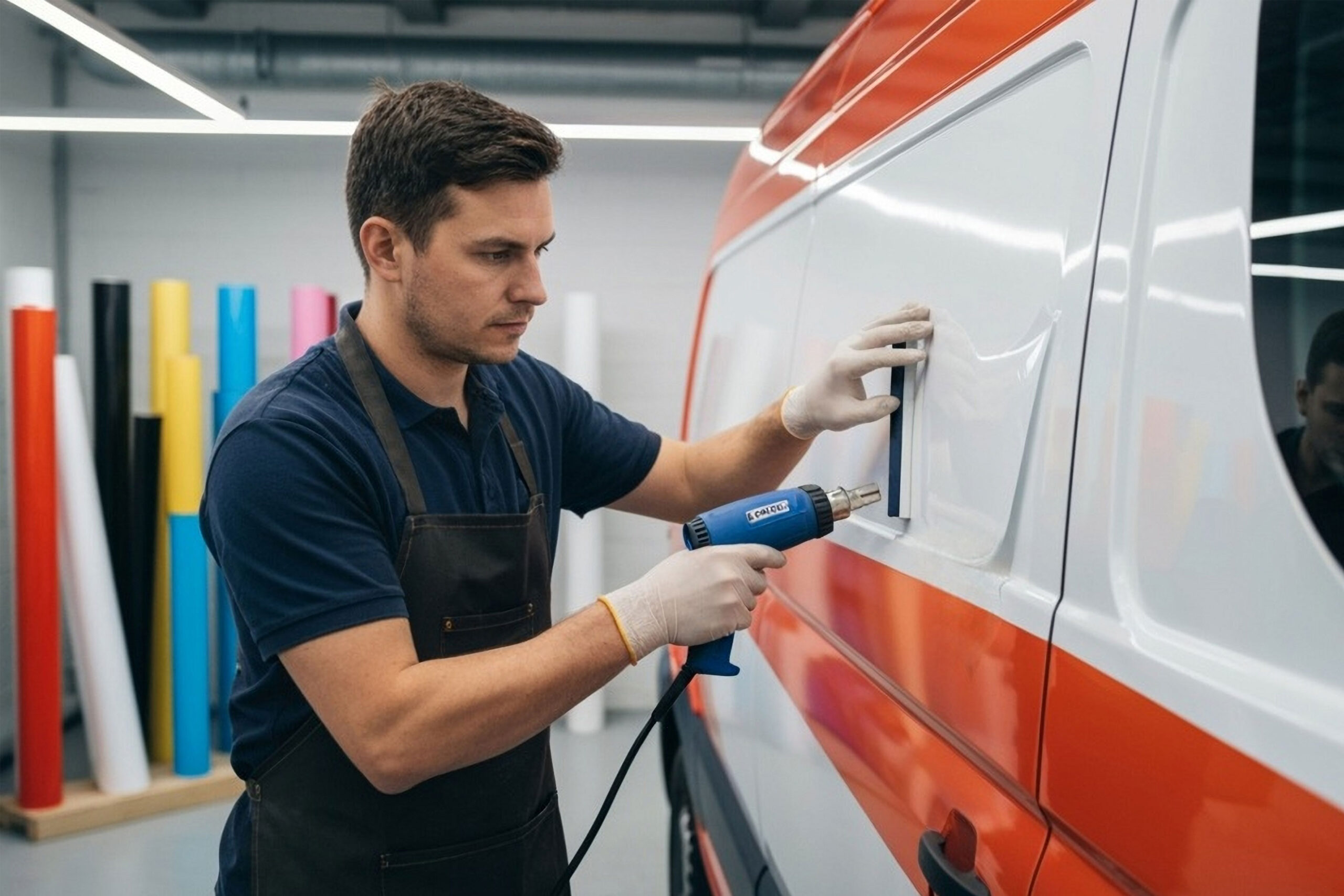 A technician applying a vinyl wrap to a van with precision tools.