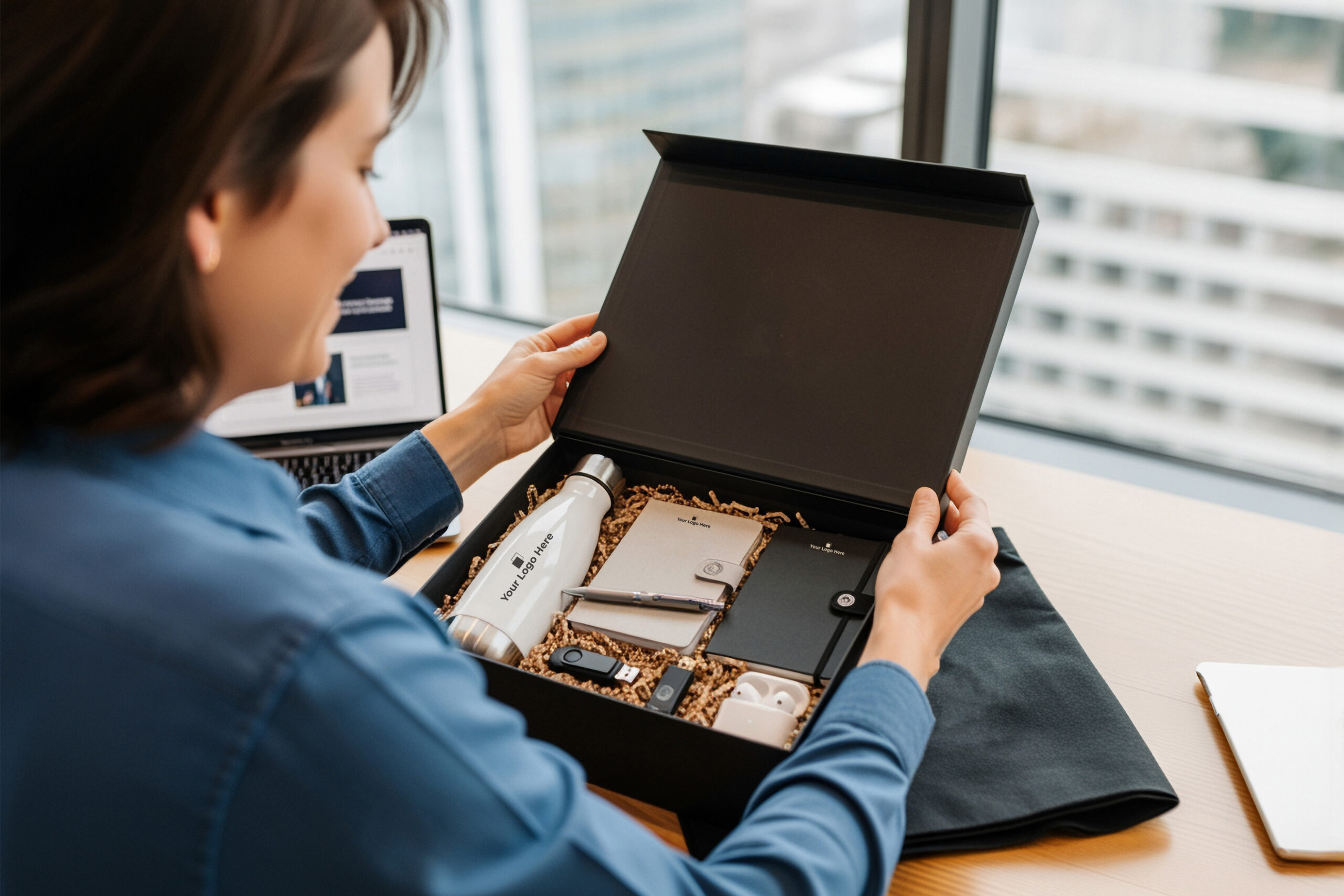woman opening a box of customized promotional items as a corporate gift