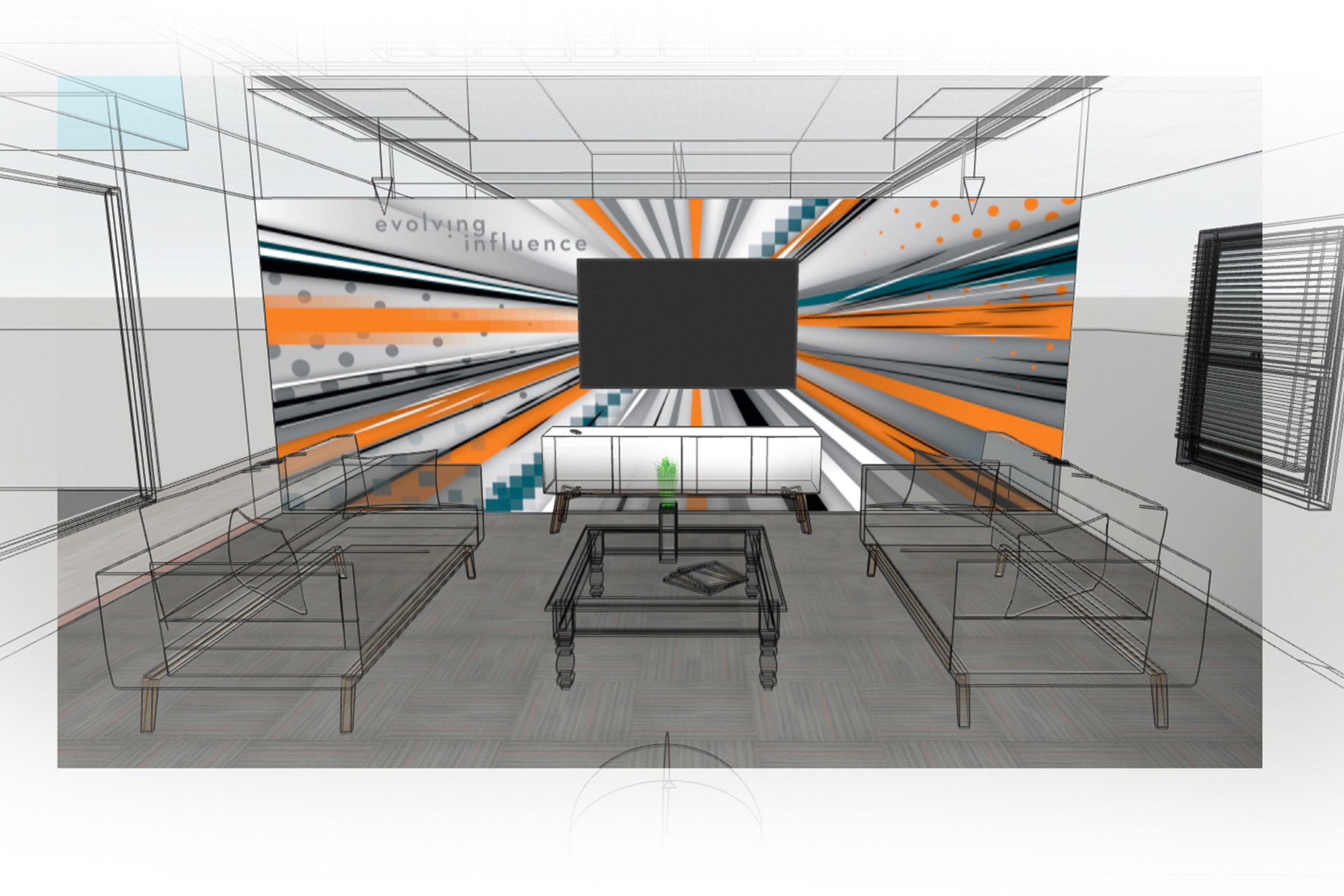 Concept rendering of an environmental graphic design for a modern office lounge. A large feature wall behind a mounted television displays a dynamic abstract mural with orange, gray, black, and teal lines and geometric accents radiating outward to create depth and movement. The surrounding room, including furniture and architectural elements, is shown as a wireframe sketch, highlighting the transition from design concept to finished branded environment.