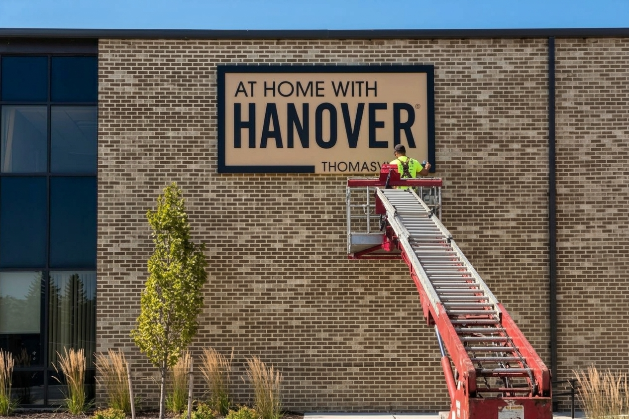Installer on an elevated platform working on the exterior “At Home with Hanover” sign at Hanover Architectural Products’ Thomasville Residential Design Center.